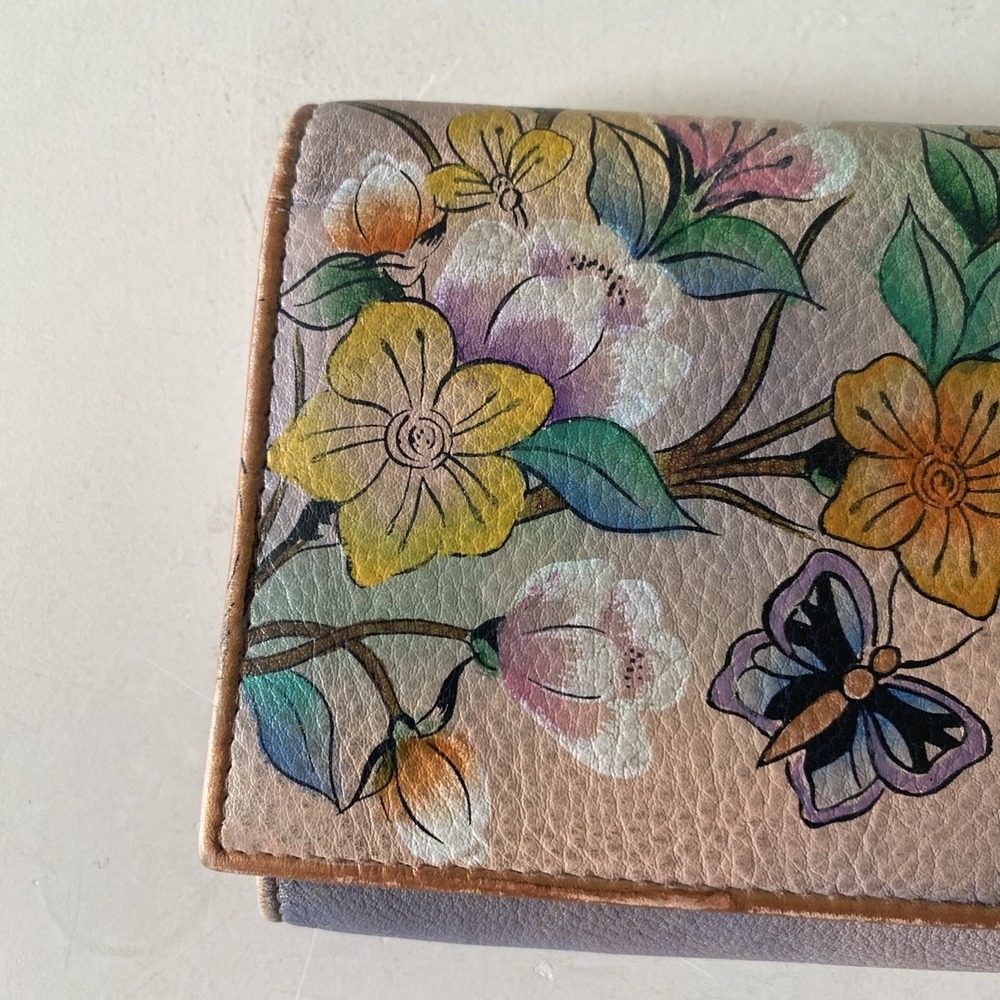 Anuschka Hand Painted Leather Wallet Garden Nature Butterfly Floral Snap Closure - Picture 4 of 16